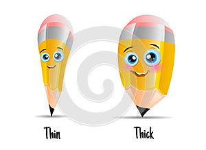 Antonyms concept, Thick, Thin. Educational flash Card with yellow Pencils for English language learning with Opposites