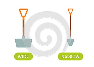 Antonyms concept, WIDE and NARROW. Educational flash card with shovels of different widths template.