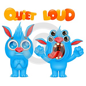 Antonyms and opposites. Cartoon monster character cards for learning english language. Quiet and loud