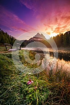 Antorno lake with famous Tre Cime di Lavaredo Drei Zinnen moun