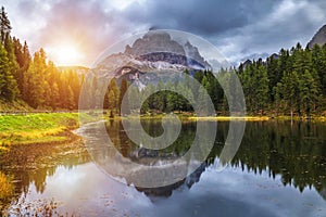 Antorno lake with famous Tre Cime di Lavaredo (Drei Zinnen) mount. Dolomite Alps, Province of Belluno, Italy, Europe. Beauty of n