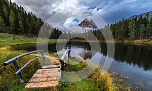 Antorno lake with famous Tre Cime di Lavaredo (Drei Zinnen) mount. Dolomite Alps, Province of Belluno, Italy, Europe. Beauty of n