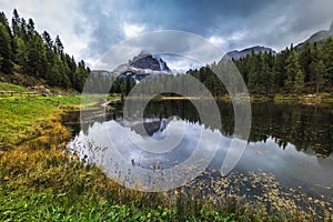 Antorno lake with famous Tre Cime di Lavaredo (Drei Zinnen) mount. Dolomite Alps, Province of Belluno, Italy, Europe. Beauty of n