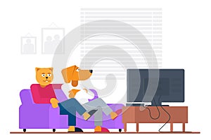 Antropomorphic people style funny cat and dog buddy sitting on sofa and watching movie on TV at home vector illustration