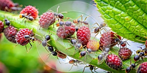 Ants and aphids on the raspberry bush Ants enjoy snacking on the sweet honeydew that aphids excrete as waste AI-Created Content photo