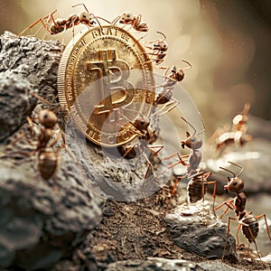 Ants building a Bitcoin mine showcasing teamwork in crypto mining
