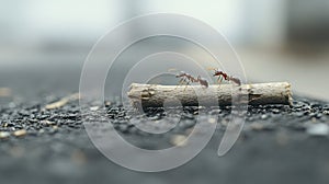 Two ants working together to move a twig across rough ground