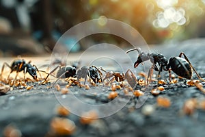 Ants eating termites on the ground