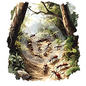 Ants march through a sunlit forest path