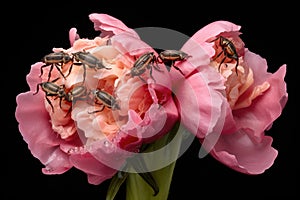 ants marching on a peony bud