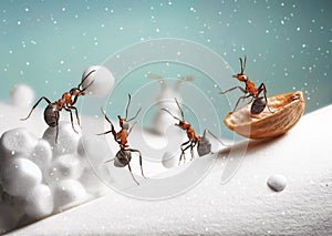 Ants ride sledge and play snowballs on Christmas photo