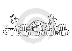 Ants Riding Millipede Vector Cartoon Colorless