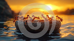 Ants on a rock, sunset over water