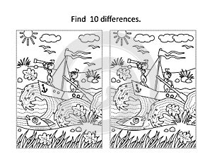 Ants the sailors find the differences picture puzzle and coloring page