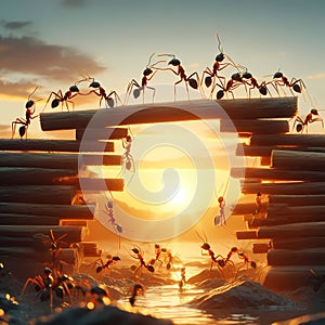 The ants working in team, constructing bridge on surise, work with log, teamwork, goal, success, business, animal art photo