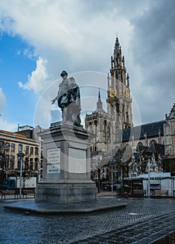 ANTWERP BELGIUM - February 24, 2017: Groenplaats square in the center of Antwerp with the statue of Rubens and the