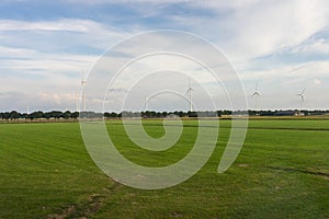 Antwerp, Belgium, a large green field with trees in the background windmills