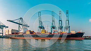 Antwerp, Belgium, view of harbor cranes and container ships in the largest dock of the port Antwerp