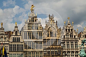 Antwerp, Flanders, Belgium. August 2019. On a beautiful sunny day detail of the facades of the guild houses in the town hall