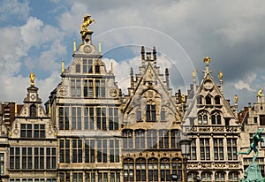 Antwerp, Flanders, Belgium. August 2019. On a beautiful sunny day detail of the facades of the guild houses in the town hall