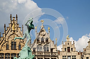 Antwerp, Flanders, Belgium. August 2019. The town hall square, overlook the most beautiful buildings in the city. Detail of the