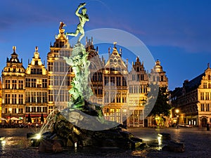 Antwerp Grote Markt with famous Brabo statue and fountain at night, Belgium photo