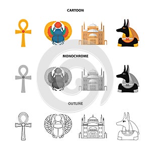 Anubis, Ankh, Cairo citadel, Egyptian beetle.Ancient Egypt set collection icons in cartoon,outline,monochrome style