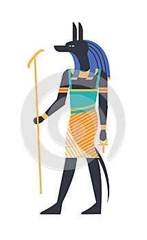 Anubis - god of afterlife, patron, deity or mythological creature with wolf or jackal head holding ankh symbol photo