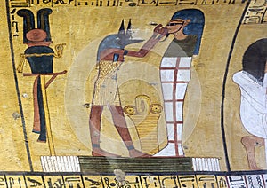 Anubis presents a heart to Inerkhau in TT359, the Tomb of Inerkhau in Deir el-Medina.