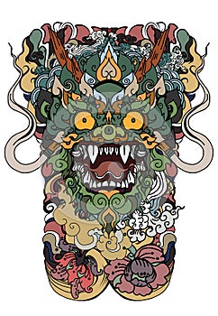 Anuman Monkey face design with wave and peony flower on cloud background.Thai Demon mask and Line Thai style.