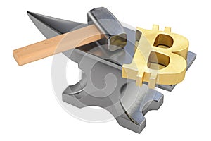 Anvil with gold bitcoin symbol, 3D rendering