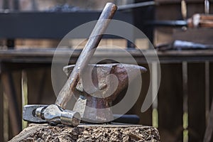 Anvil, hammer and mace displayed over cork oak stump