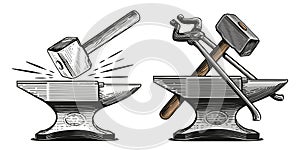 Anvil, hammer, tongs. Metal working tools. Blacksmith, ironwork concept. Hand drawn sketch vintage vector illustration photo
