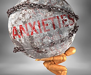 Anxieties and hardship in life - pictured by word Anxieties as a heavy weight on shoulders to symbolize Anxieties as a burden, 3d