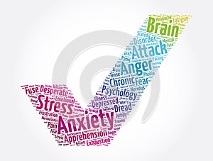 Anxiety check mark word cloud collage, health concept background