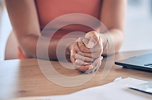 Anxiety, depression and hands of black woman with stress, abuse trauma or secret domestic violence at a counseling table