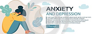 Anxiety and depression website banner. Sad woman. Cyber bullying. Online abuse concept. Teenager sitting on the floor and crying.