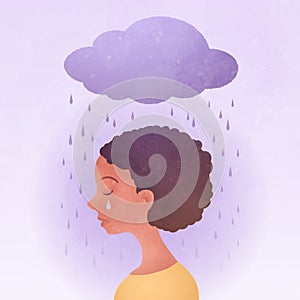 Anxiety, Obsessive compulsive, ADHD, and Mental disorders concept. Closeup sad young woman with a rainy cloud above the head