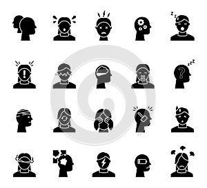 Anxiety person icons. Headache and nervous stress. Silhouette human heads. Mental awareness. Fear and confusion. Worry