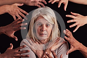 Anxiety, schizophrenia and face of woman with hands reach in horror, fear and black background for bipolar terror