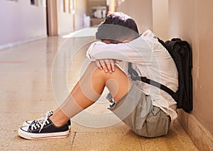 Anxiety, school and sad student bullying victim feeling depression, lost or stressed in hallway or corridor floor. Child