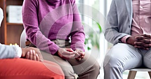 Anxiety, stress and woman hands at group therapy for support at company with counseling care. Team, community and female