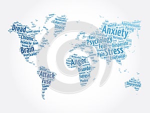 Anxiety word cloud in shape of world map, health concept background