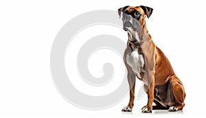 Anxious Boxer dog, sitting pose on isolated white background