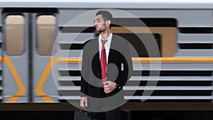 Anxious businessman checking time in train station