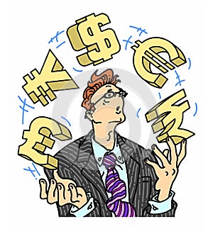 Anxious businessman juggling currency symbols