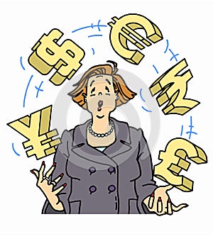 Anxious businesswoman juggling currency symbols