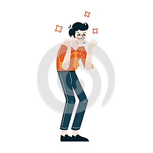 Anxious male with hands up, surrounded by stress sparkles, feeling overwhelmed