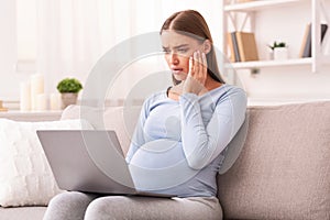 Anxious Pregnant Lady With Laptop Browsing Internet Sitting On Sofa