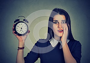 Anxious woman with alarm clock. Time pressure concept